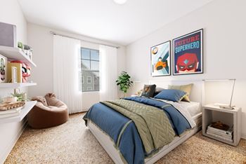 A bedroom with a bed and two windows